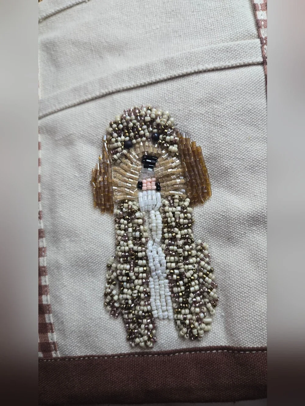Sold Canvas Tote Bag with Beaded Dog Doodle Motif - Cream & Brown